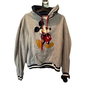 Disney World Mickey Gray Hoodie Fleece Embroidered Pullover Long‎ Sleeve Mens XS